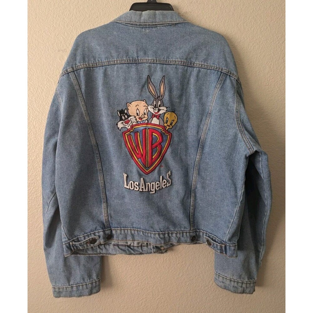 VINTAGE 1991 Acme Clothing Denim Jean Trucker Jacket XL Looney Tunes Hard Rock